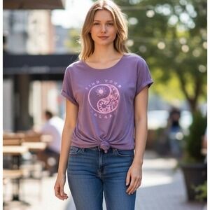 Sunset West Find Your Balance Yin Yang Graphic Tie Front Tee Purple XL Boho Yoga